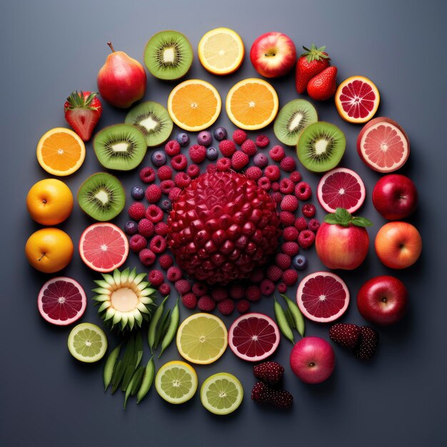 Foto de cima do arco-íris de frutas frescas coloridas