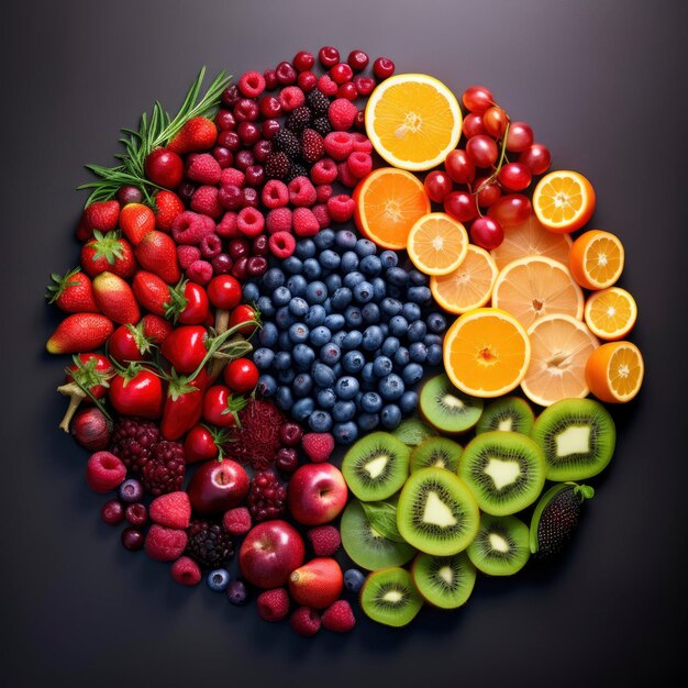 Foto de cima do arco-íris de frutas frescas coloridas