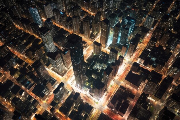 Foto de cima para baixo de uma rede urbana em expansão à noite criada com IA generativa