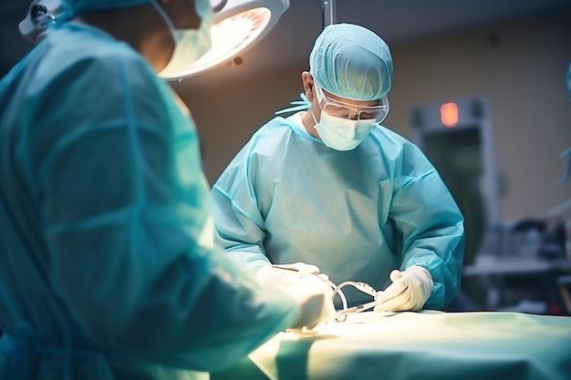 Foto de cirurgiões realizando uma cirurgia complexa em uma sala de cirurgia moderna Um grupo de cirurgiões realizando uma cirurgia em um paciente