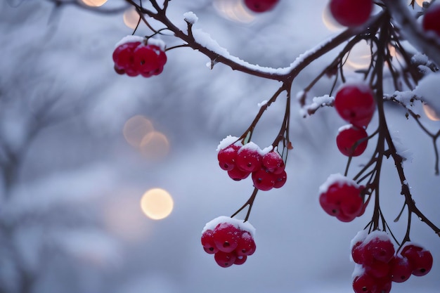 Foto de clima de Natal e inverno de galhos nevados com frutas vermelhas