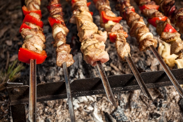 Foto foto de close de carne pegando fogo na floresta