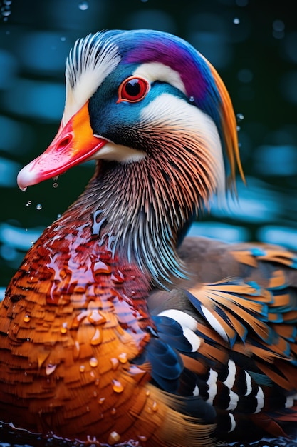 Foto de close extremo de um pato mandarim macho de tirar o fôlego, uma explosão de cores vivas