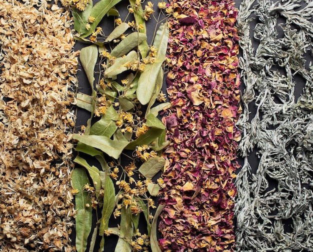 Foto de close-up da vista superior de robinia seca, tília, pétalas de rosa do chá, artemísia.