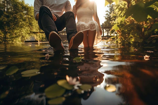 Foto de close-up de um casal com os pés entrelaçados
