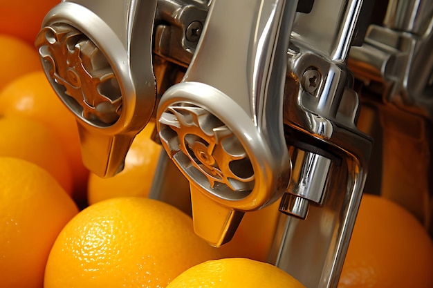 Foto de close-up de um sucador extraindo suco de laranja