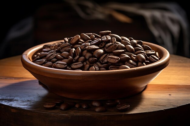 Foto de Closeup de grãos de café em uma tigela de madeira