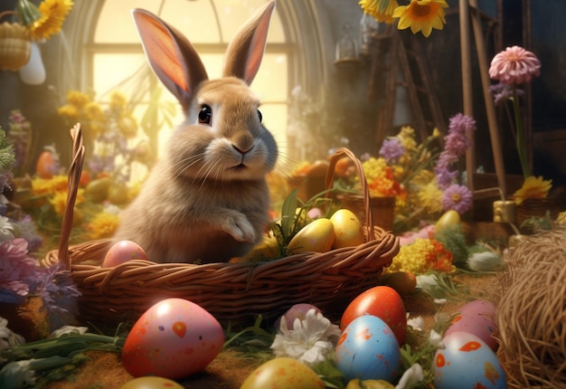 foto de coelho feliz com muitos ovos de Páscoa na grama fundo festivo para design decorativo