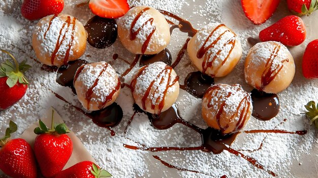 Foto de comida de bolinhas de massa com chocolate e morangos em alta resolução