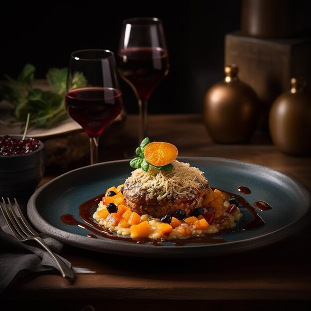 Foto foto de comida gourmet em uma mesa em um restaurante foto realista