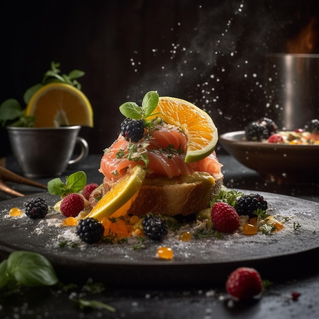 Foto de comida gourmet em uma mesa em um restaurante Foto realista