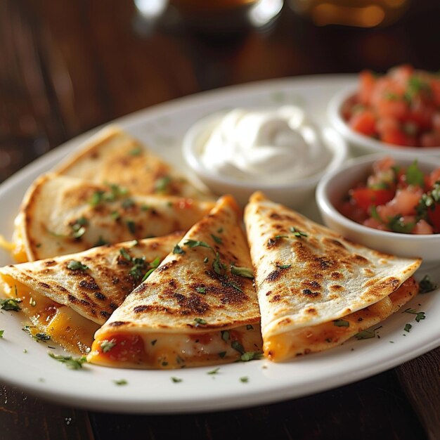 Foto foto de comida mexicana de deliciosas quesadillas servidas com tomate fresco, hortelã de milho e maionese