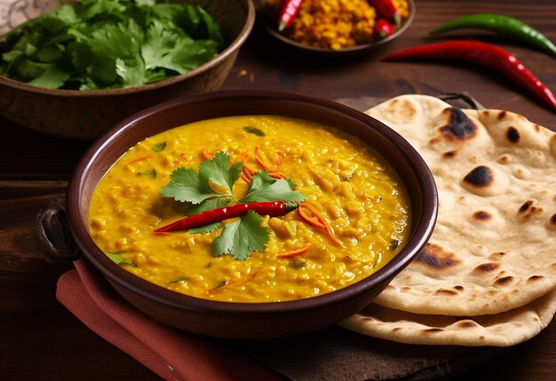 Foto foto de comida roti indiana com delicioso curry de frango e masala curyy