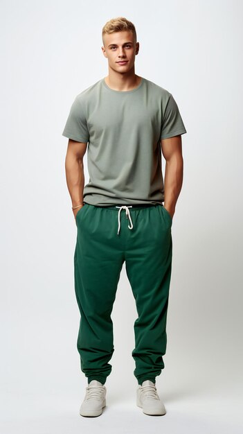 Foto de corpo inteiro de homem de camiseta verde e calça de moletom com fundo branco