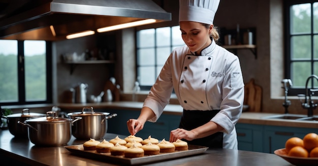 Foto de cozinheira na cozinha preparando sobremesa