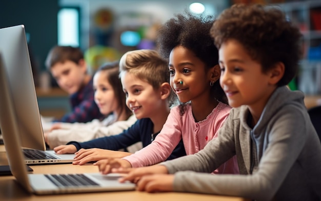 Foto de crianças aprendendo computador em sua sala de aula