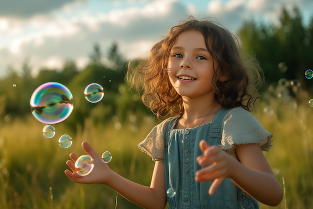 Foto de crianças brincando com bolhas de sabão