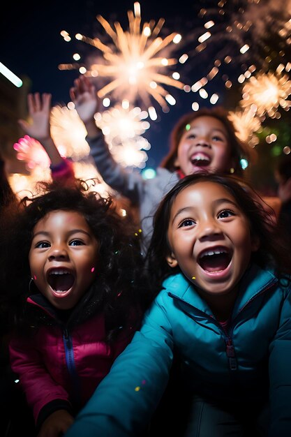 Foto de crianças colombianas desfrutando da emoção dos fogos de artifício no vibrante feriado da Colômbia