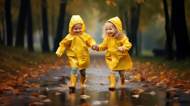 Foto de crianças engraçadas brincando e correndo em um dia chuvoso com tempo chuvoso