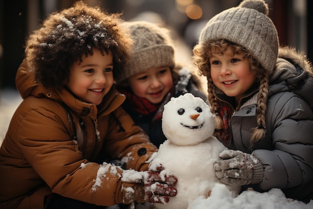 Foto foto de crianças fazendo um boneco de neve e se divertindo em um país das maravilhas do inverno nevado