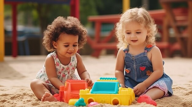 Foto de crianças felizes brincando com blocos e brinquedos