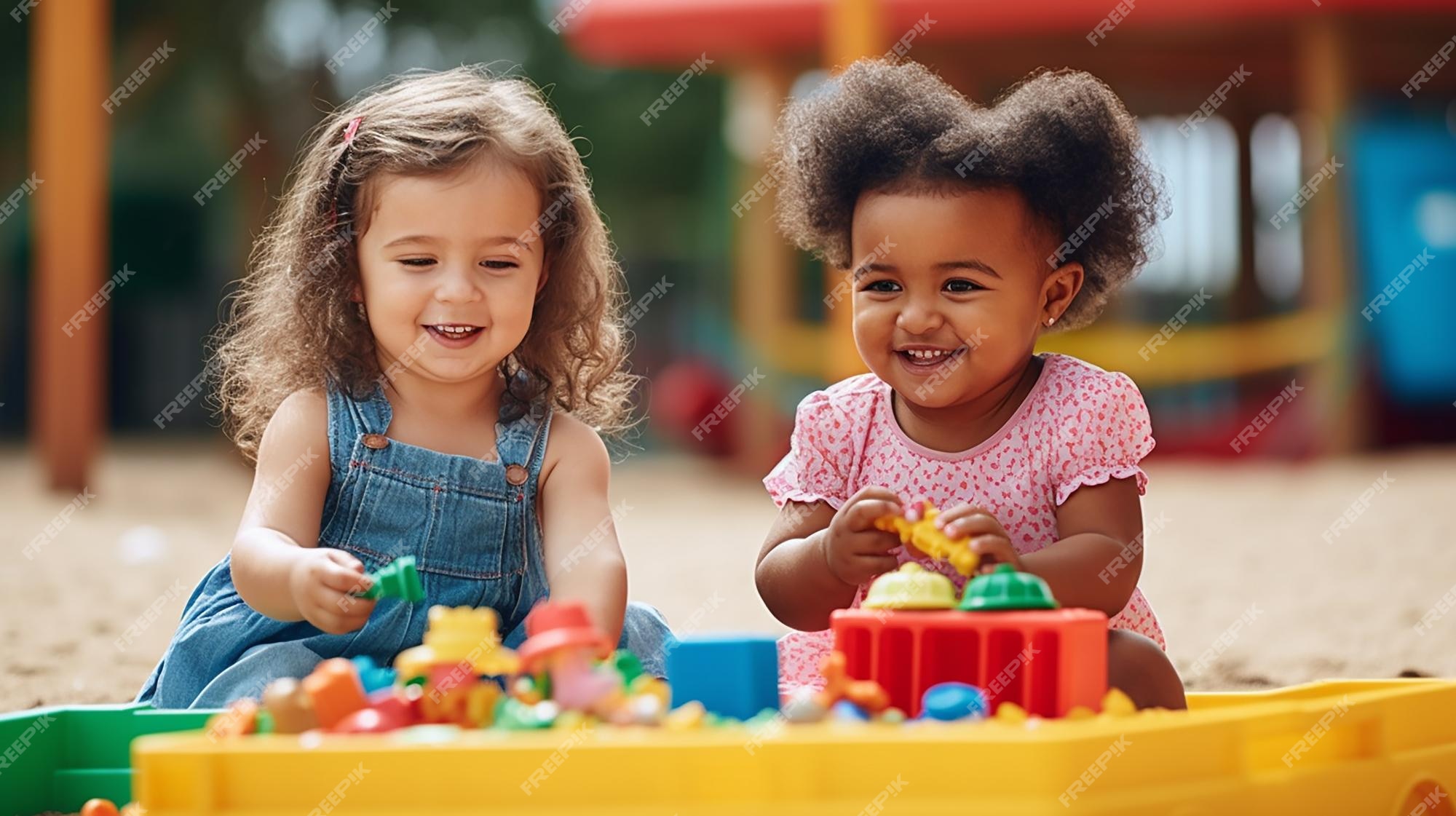 crianças brincando de conjunto de brinquedos. crianças felizes do