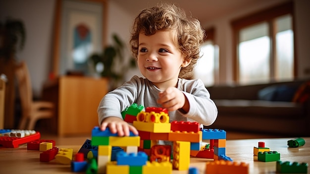 Foto de crianças felizes brincando com blocos e brinquedos