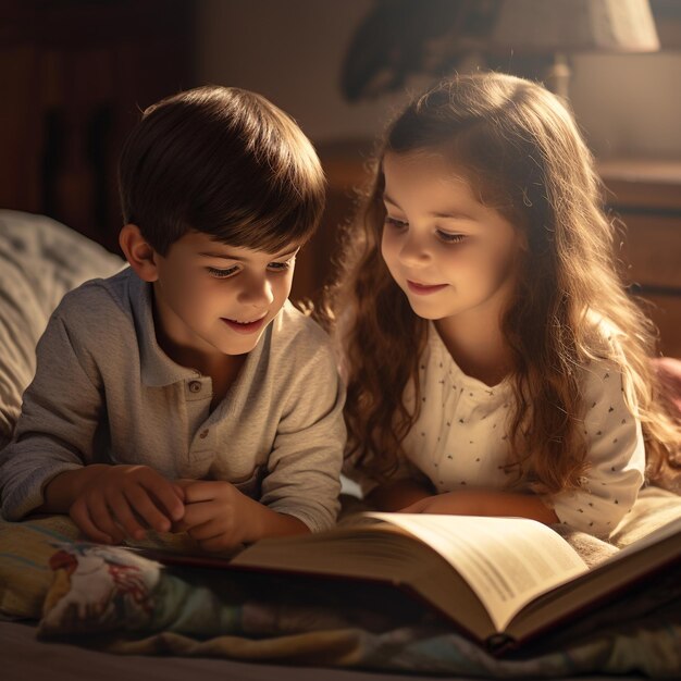 Foto foto de crianças lendo um livro juntas na sala de aula