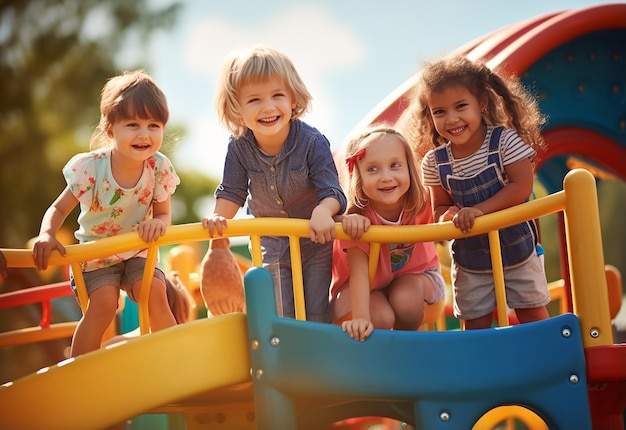 Foto de crianças se divertindo, crianças brincando no playground ao ar livre