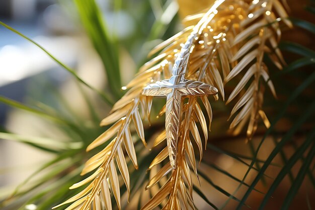 Foto foto de cruz sagrada envolta em fio e decoração de jóias de palm frond sexta-feira santa e domingo de ramos arte