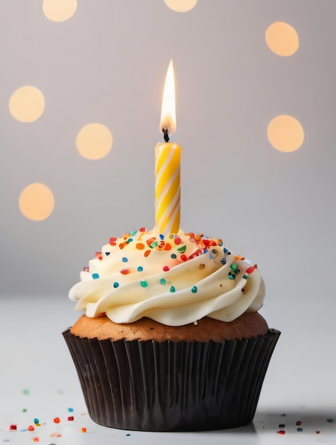 Foto de cupcake de aniversário com vela isolada em fundo branco