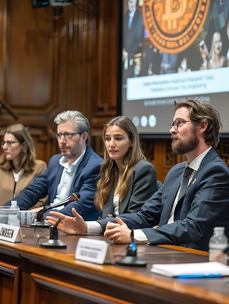 Foto foto de debate de bitcoin com painelistas discutindo prós e contras balan banner de ideia de criptografia