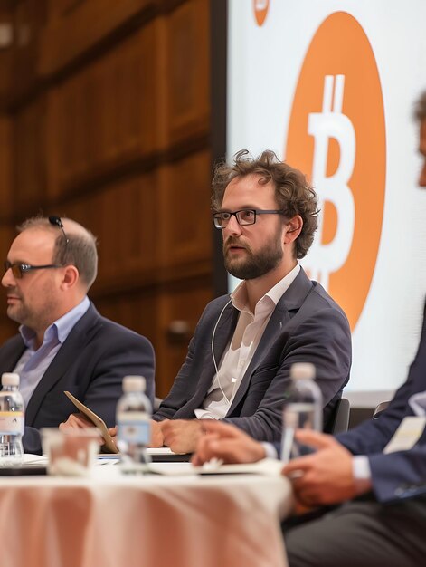 Foto foto de debate de bitcoin com painelistas discutindo prós e contras balan banner de ideia de criptografia