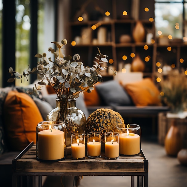foto de decoração de outono Decoração elegante de outono com folhas de abóbora e velas em um ambiente moderno