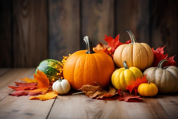 foto de decorações de outono e folhas de outono em uma mesa de madeira com textura de grão de madeira