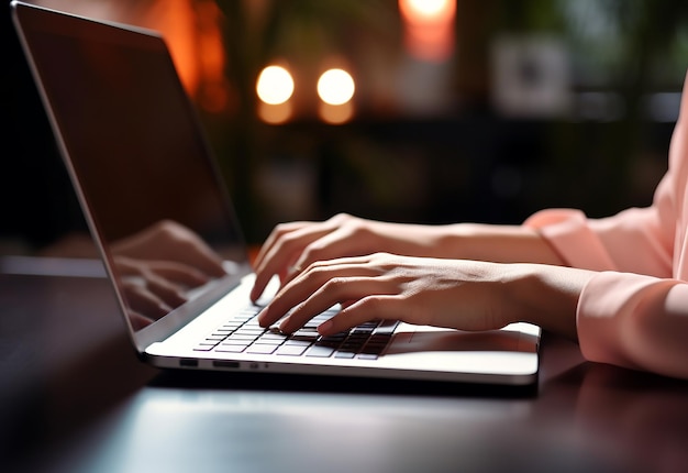 Foto de dedos de mãos femininas no teclado do computador enquanto digita