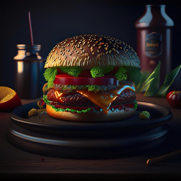 Foto de delicioso hambúrguer no restaurante Generative AI