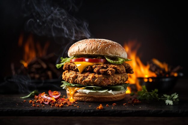 Foto de deliciosos anúncios de hambúrguer de frango frito picante com fogo ardente em fundo escuro