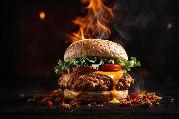 Foto de deliciosos anúncios de hambúrguer de frango frito picante com fogo ardente em fundo escuro