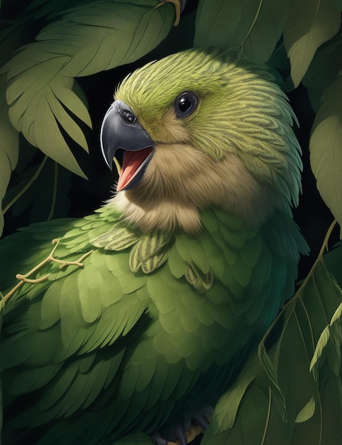 Foto de desenho de um kakapo majestoso com penas complexas e olhos penetrantes