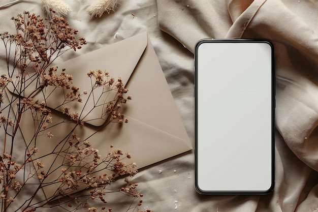 Foto de destaque cativante de um smartphone com uma maquete de tela em branco ao lado de um envelope em um b