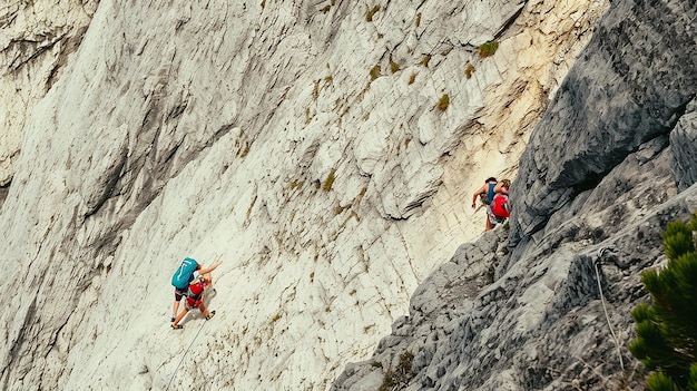 Foto de dois alpinistas subindo uma montanha íngreme