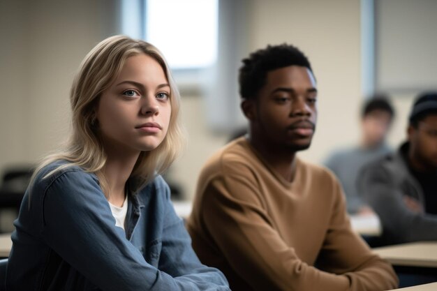 Foto de dois alunos assistindo a uma aula de educação para adultos criada com IA generativa