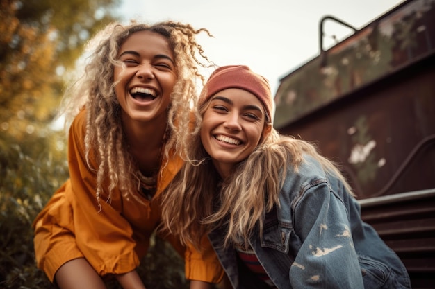 Foto de dois amigos se divertindo juntos ao ar livre