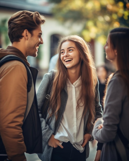 Foto de dois estudantes europeus do sexo feminino e masculino sentados próximos um do outro e sorrindo