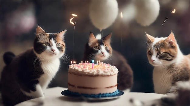 Foto de dois gatos sentados ao lado de um bolo de aniversário com velas acesas