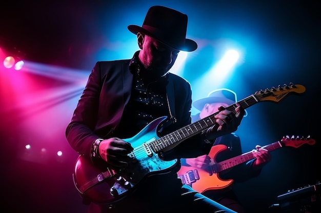 Foto de dois guitarristas no palco