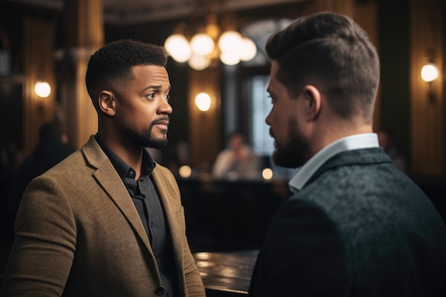 Foto foto de dois homens conversando após um evento de speed dating