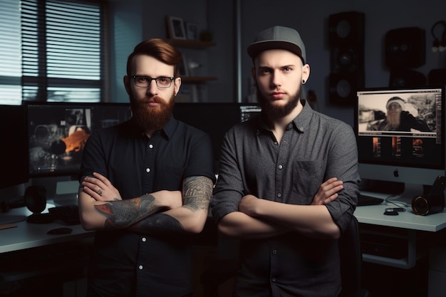 Foto de dois homens de design gráfico de pé no fundo da sala de trabalho