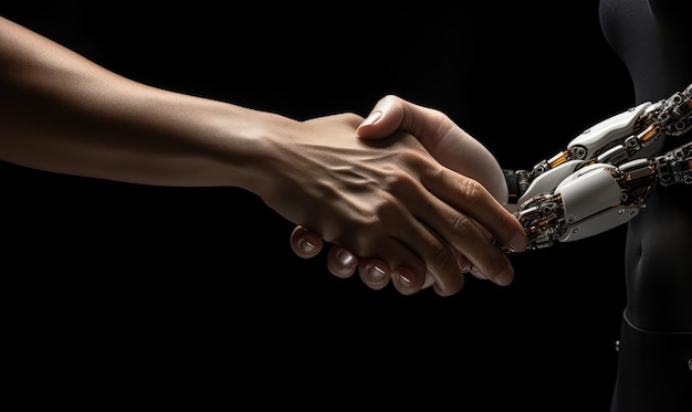 Foto foto de dois indivíduos apertando as mãos com a ajuda de um braço robótico